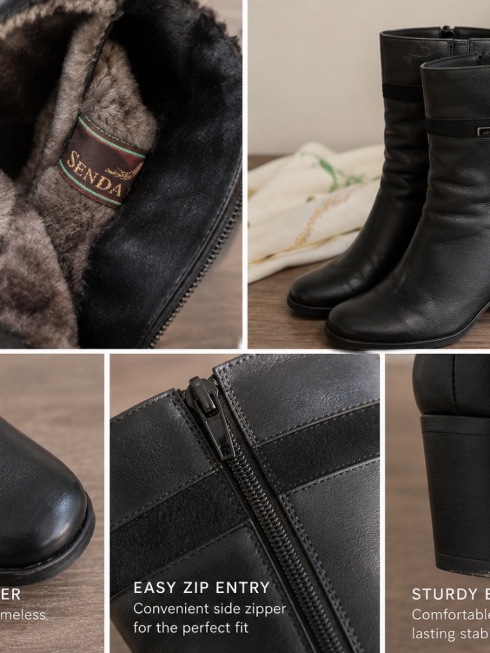 Senda Black Leather Fur-Lined Ankle Boots | Size 5.5 | Cozy & Chic